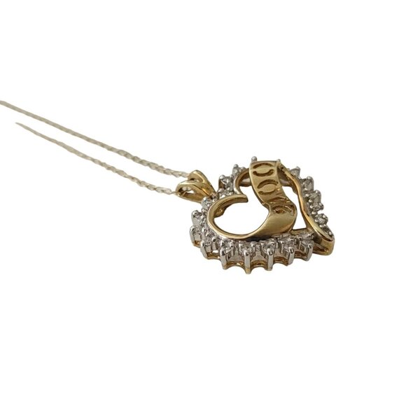10K Yellow Gold Y2K 2000 Heart Diamond Pendant Chain Necklace 16.5" Long, E859 - Picture 3 of 10